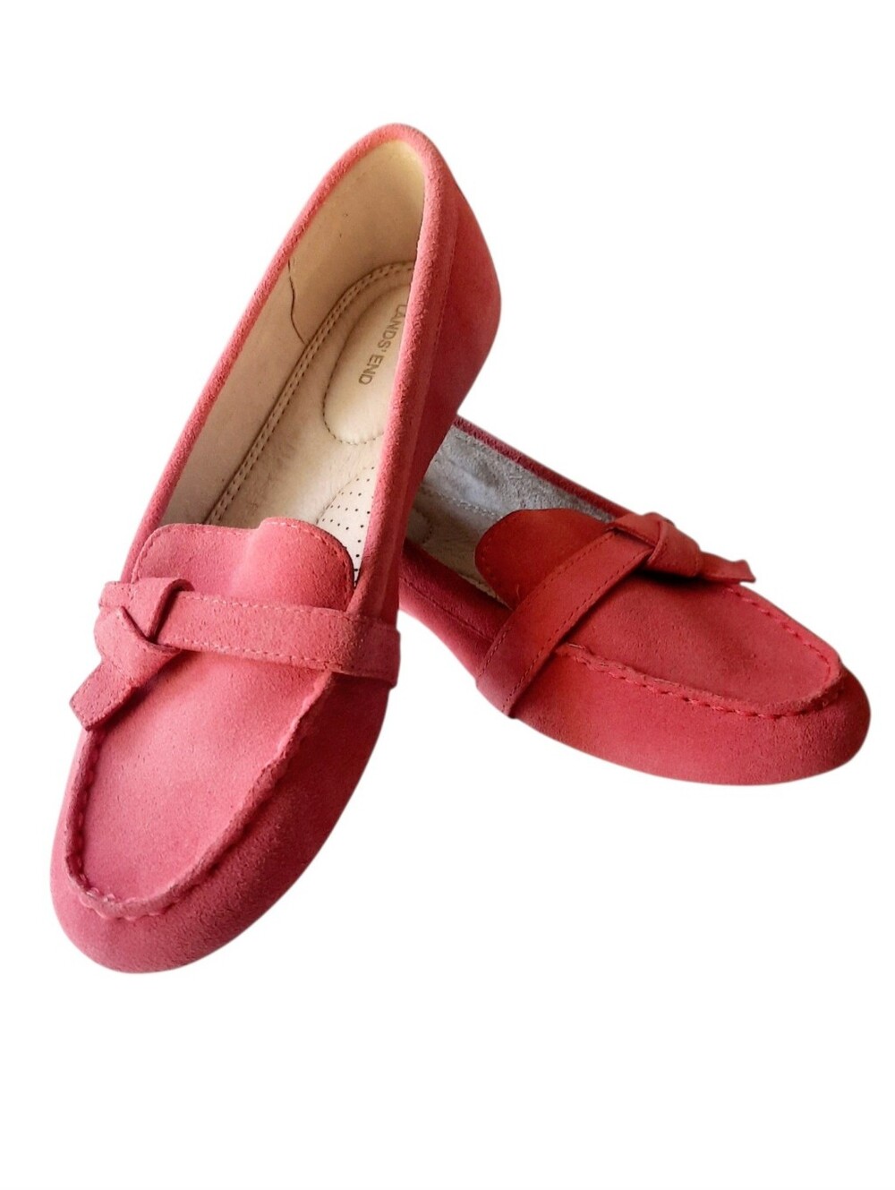 New LANDS' END Coral Pink Suede Driving Loafers w/Knot Front Detail Sz 7.5 B